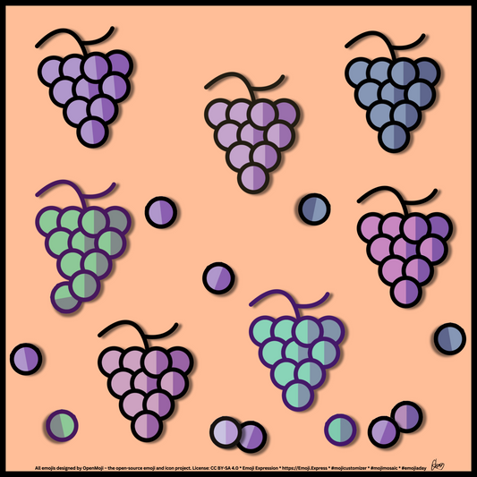 Seven bunches of grapes with a variety of colors and shades of greens, reds, and purples, dark purple. Several single grapes scattered around the main bunches, but still close by.