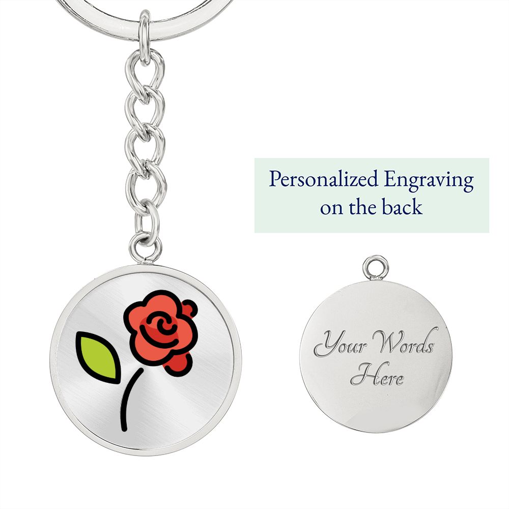 Rose Moji Circle Silver Keychain Engraved