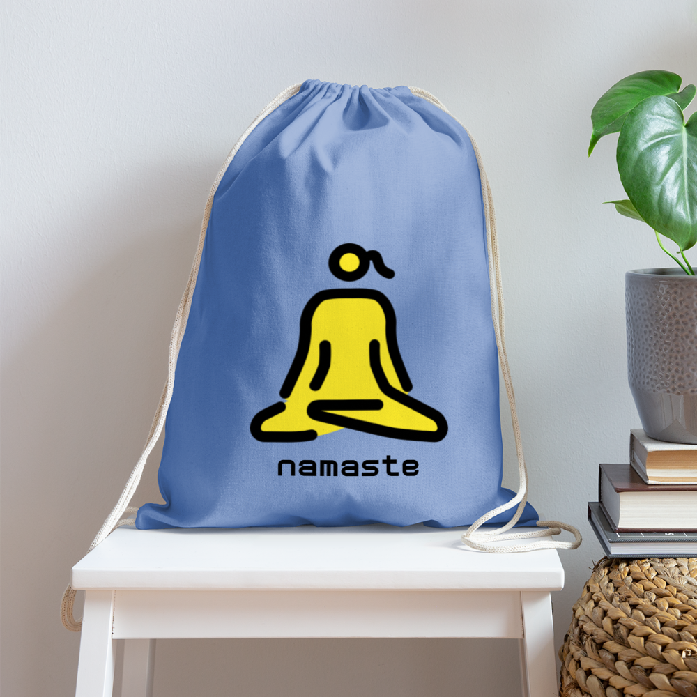 Customizable Woman in Lotus Position Moji + Namaste Text Drawstring Back Pack (18x14) - Emoji.Express - carolina blue