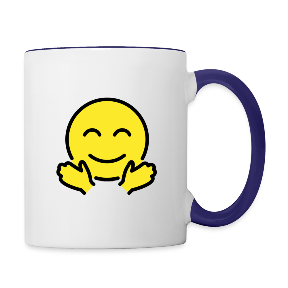 Customizable Smiling Face with Open Hands + Crying Face Moji (Two-Sided) Contrast Coffee Mug - Emoji.Express - white/cobalt blue