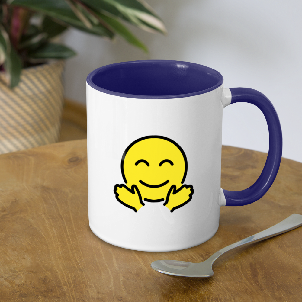 Customizable Smiling Face with Open Hands + Crying Face Moji (Two-Sided) Contrast Coffee Mug - Emoji.Express - white/cobalt blue