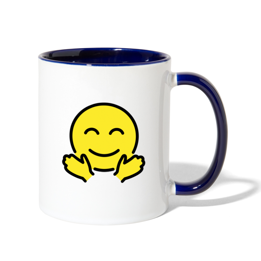 Customizable Smiling Face with Open Hands + Crying Face Moji (Two-Sided) Contrast Coffee Mug - Emoji.Express - white/cobalt blue