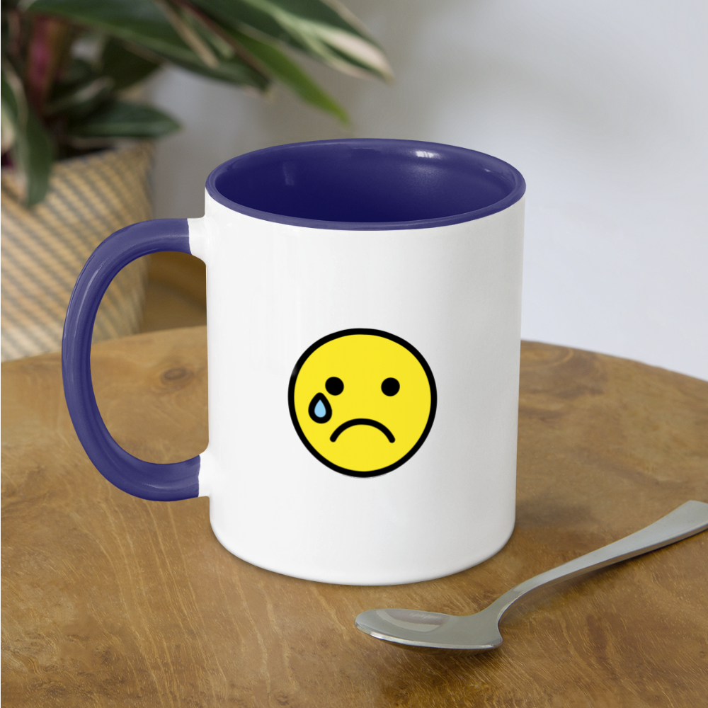Customizable Smiling Face with Open Hands + Crying Face Moji (Two-Sided) Contrast Coffee Mug - Emoji.Express - white/cobalt blue