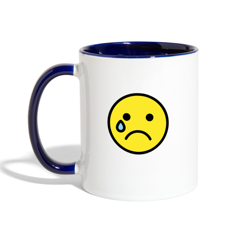 Customizable Smiling Face with Open Hands + Crying Face Moji (Two-Sided) Contrast Coffee Mug - Emoji.Express - white/cobalt blue
