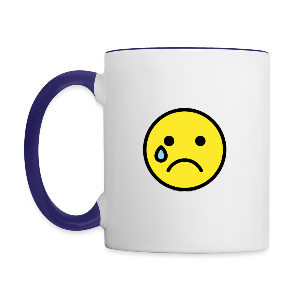 Customizable Smiling Face with Open Hands + Crying Face Moji (Two-Sided) Contrast Coffee Mug - Emoji.Express - white/cobalt blue