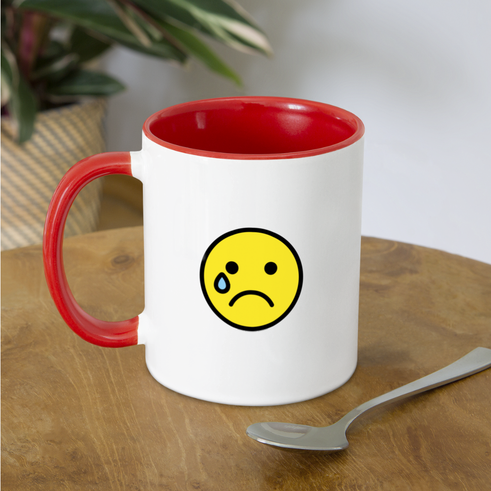 Customizable Smiling Face with Open Hands + Crying Face Moji (Two-Sided) Contrast Coffee Mug - Emoji.Express - white/red