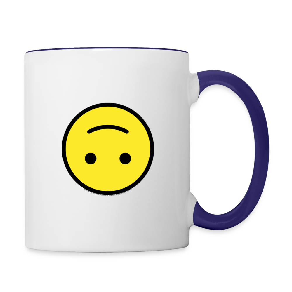 Customizable Upside Down Face + Smiling Face with Open Hands Moji (Two-Sided) Contrast Coffee Mug - Emoji.Express - white/cobalt blue