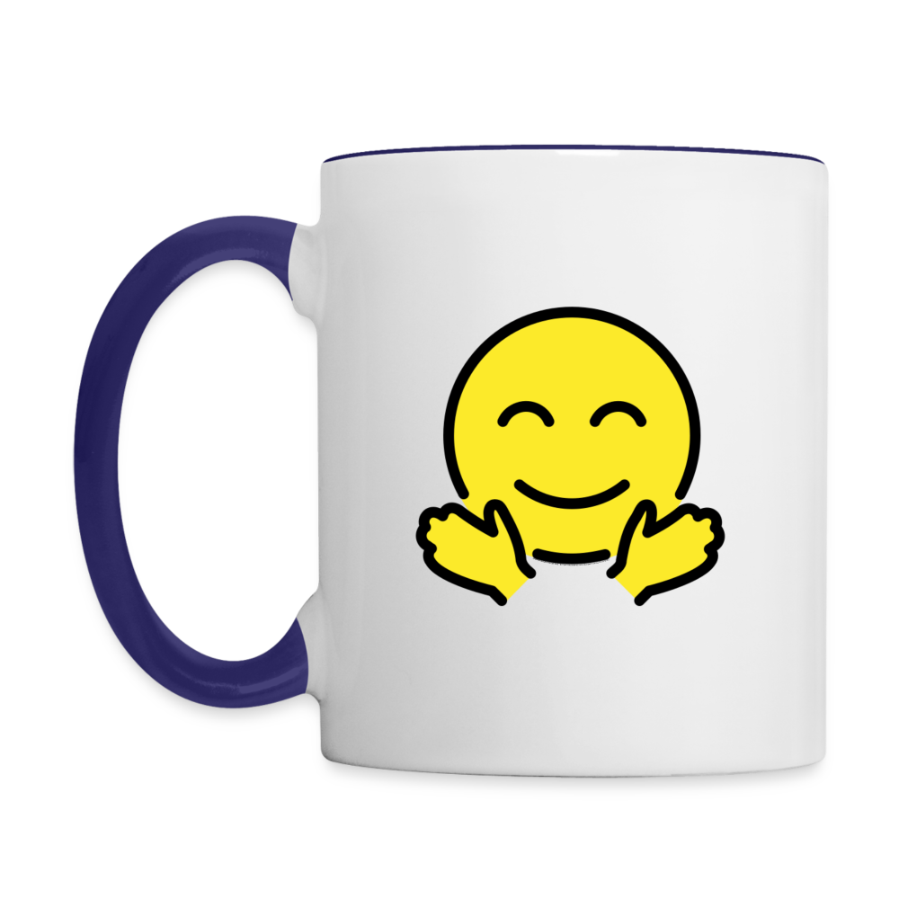 Customizable Upside Down Face + Smiling Face with Open Hands Moji (Two-Sided) Contrast Coffee Mug - Emoji.Express - white/cobalt blue