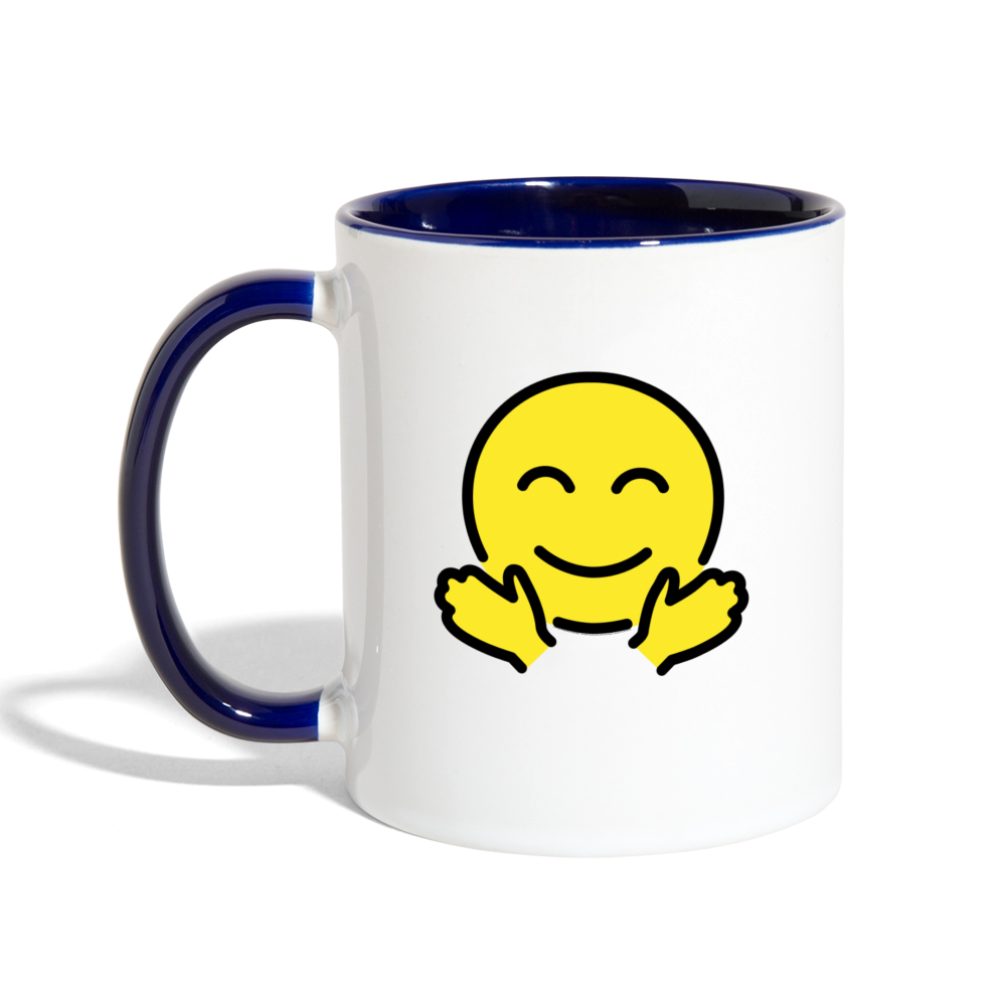 Customizable Upside Down Face + Smiling Face with Open Hands Moji (Two-Sided) Contrast Coffee Mug - Emoji.Express - white/cobalt blue