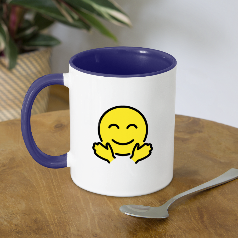 Customizable Upside Down Face + Smiling Face with Open Hands Moji (Two-Sided) Contrast Coffee Mug - Emoji.Express - white/cobalt blue