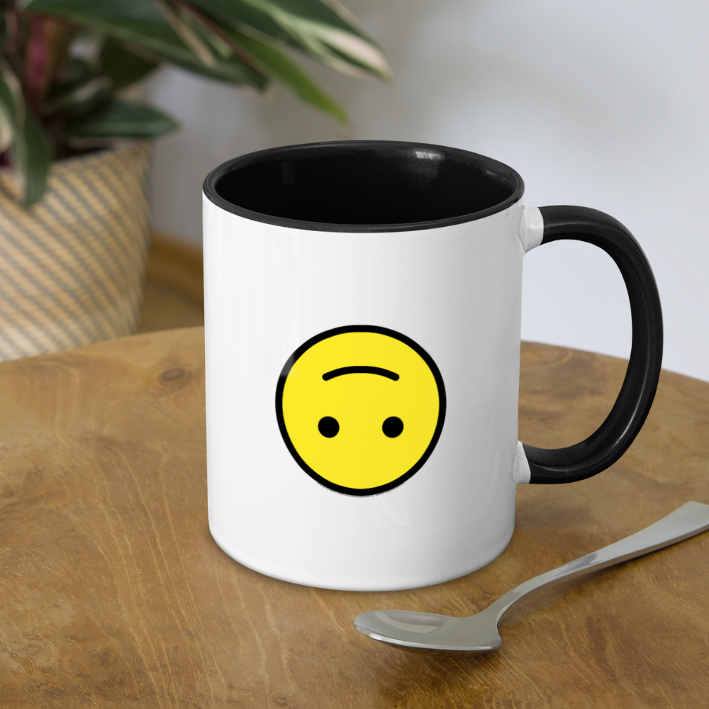 Customizable Upside Down Face + Smiling Face with Open Hands Moji (Two-Sided) Contrast Coffee Mug - Emoji.Express - white/black