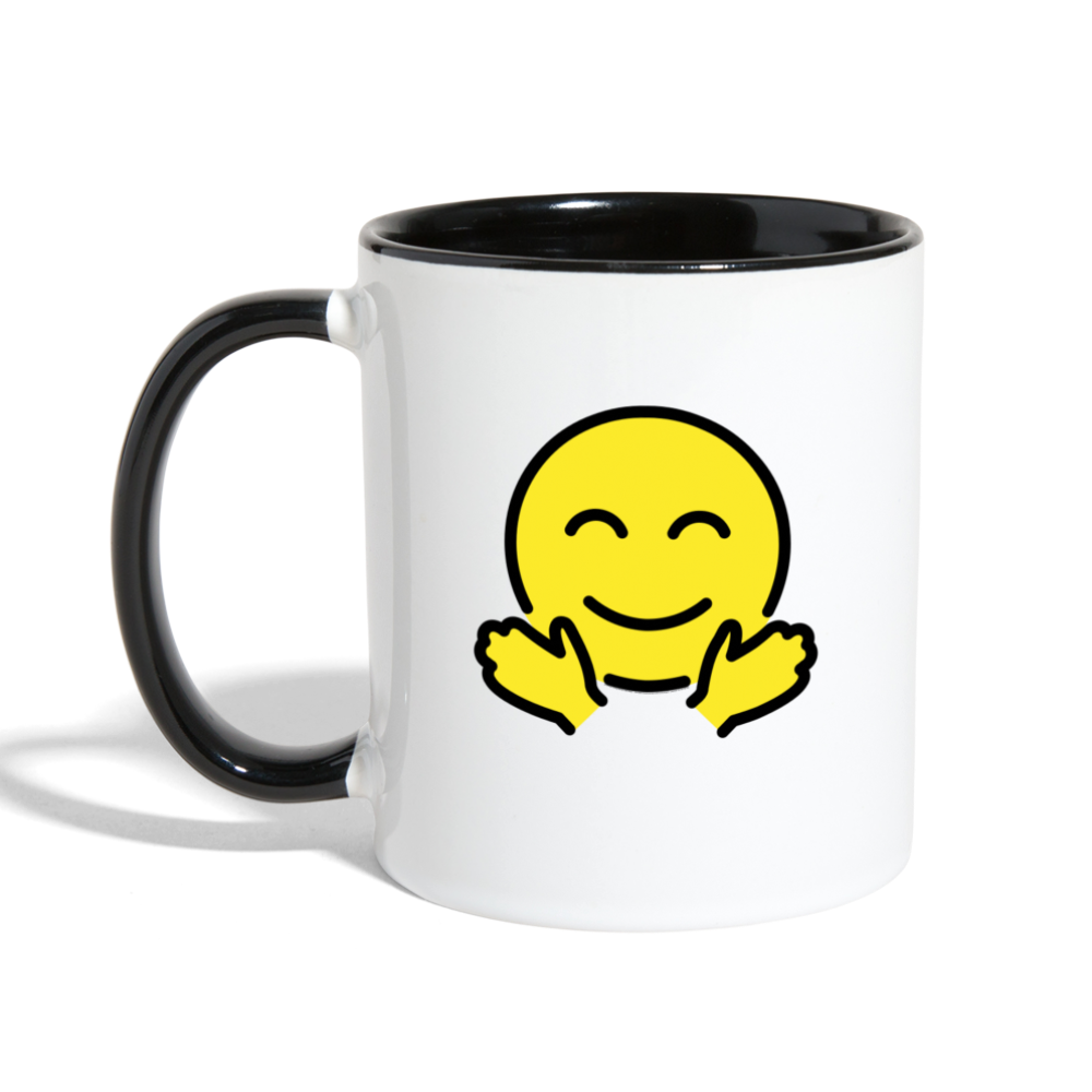 Customizable Upside Down Face + Smiling Face with Open Hands Moji (Two-Sided) Contrast Coffee Mug - Emoji.Express - white/black