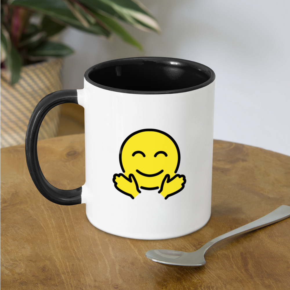 Customizable Upside Down Face + Smiling Face with Open Hands Moji (Two-Sided) Contrast Coffee Mug - Emoji.Express - white/black