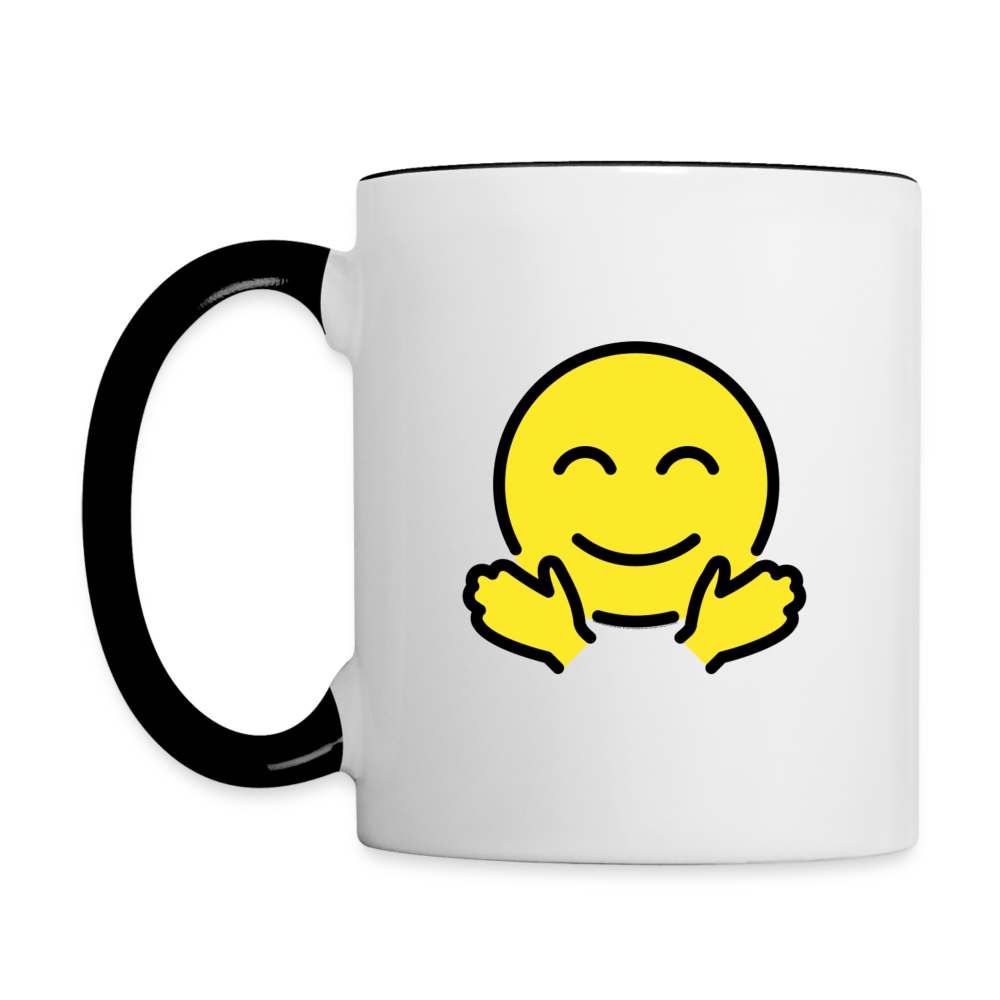 Customizable Upside Down Face + Smiling Face with Open Hands Moji (Two-Sided) Contrast Coffee Mug - Emoji.Express - white/black
