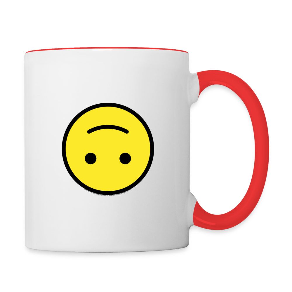 Customizable Upside Down Face + Smiling Face with Open Hands Moji (Two-Sided) Contrast Coffee Mug - Emoji.Express - white/red