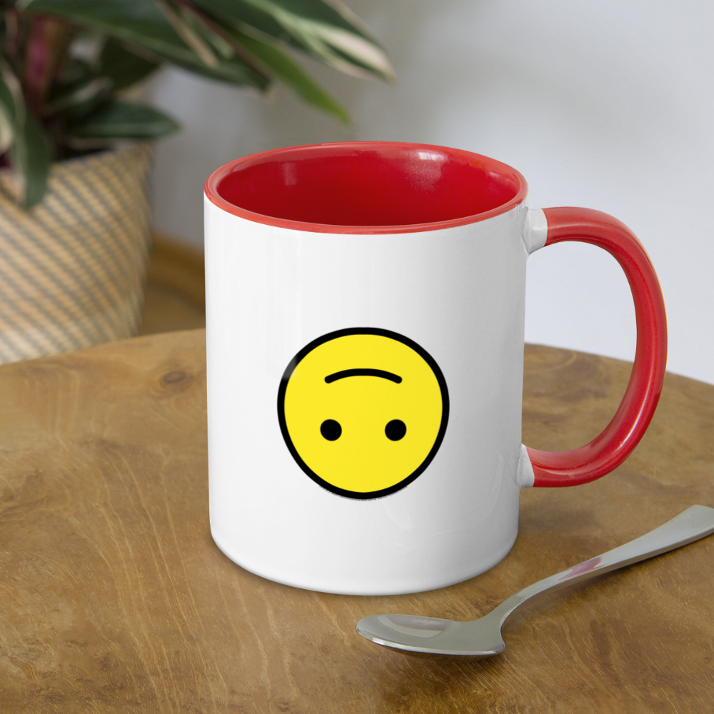 Customizable Upside Down Face + Smiling Face with Open Hands Moji (Two-Sided) Contrast Coffee Mug - Emoji.Express - white/red