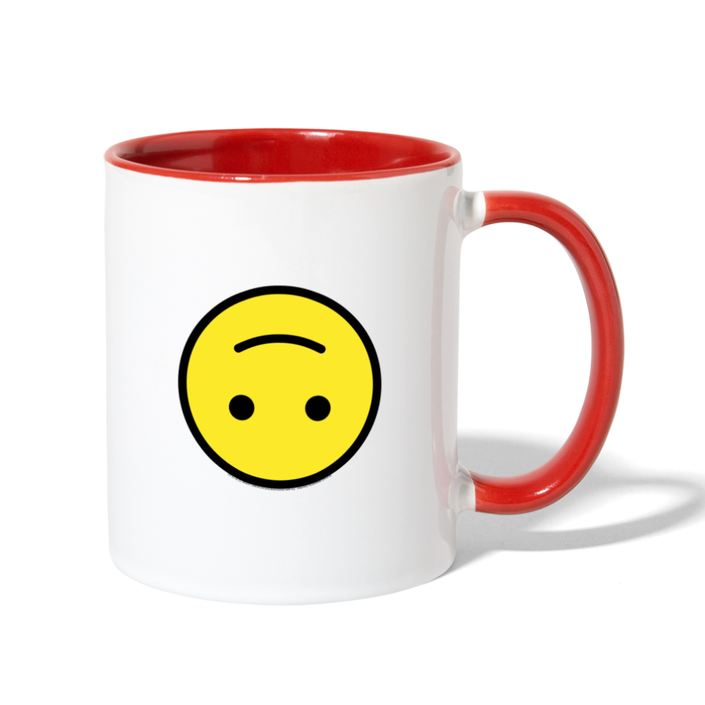 Customizable Upside Down Face + Smiling Face with Open Hands Moji (Two-Sided) Contrast Coffee Mug - Emoji.Express - white/red