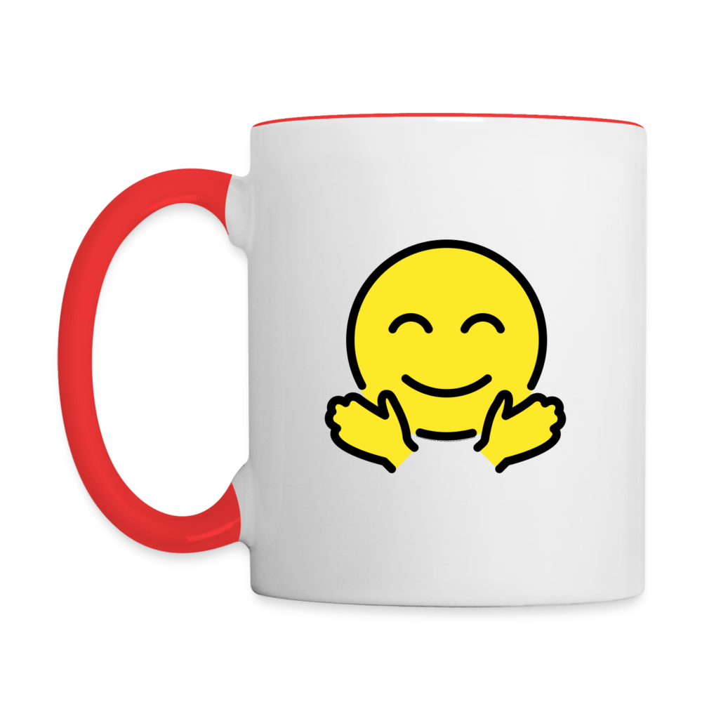 Customizable Upside Down Face + Smiling Face with Open Hands Moji (Two-Sided) Contrast Coffee Mug - Emoji.Express - white/red