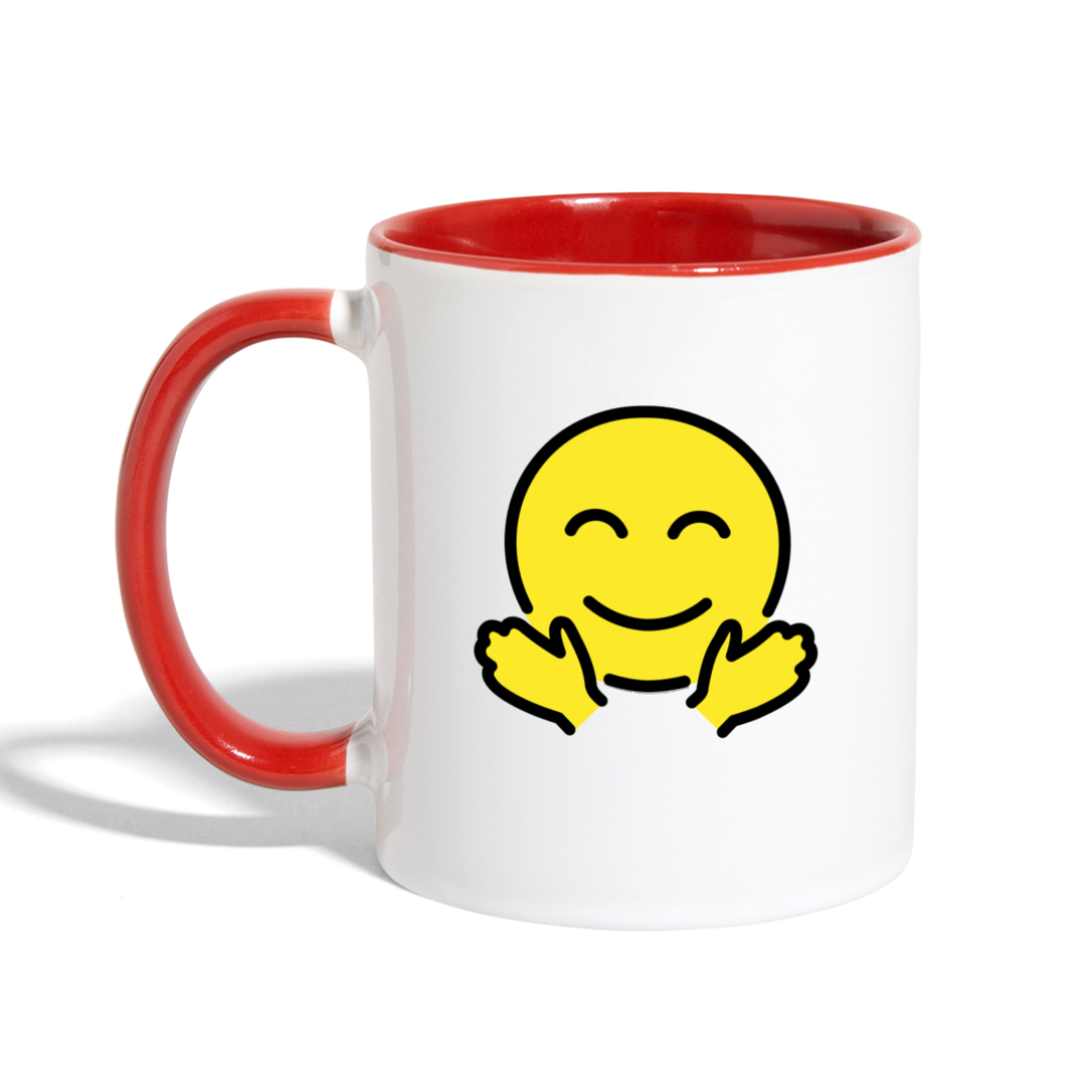 Customizable Upside Down Face + Smiling Face with Open Hands Moji (Two-Sided) Contrast Coffee Mug - Emoji.Express - white/red