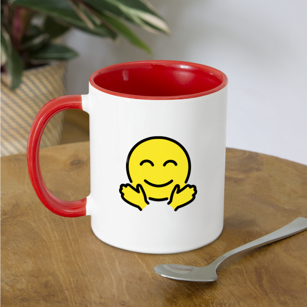Customizable Upside Down Face + Smiling Face with Open Hands Moji (Two-Sided) Contrast Coffee Mug - Emoji.Express - white/red