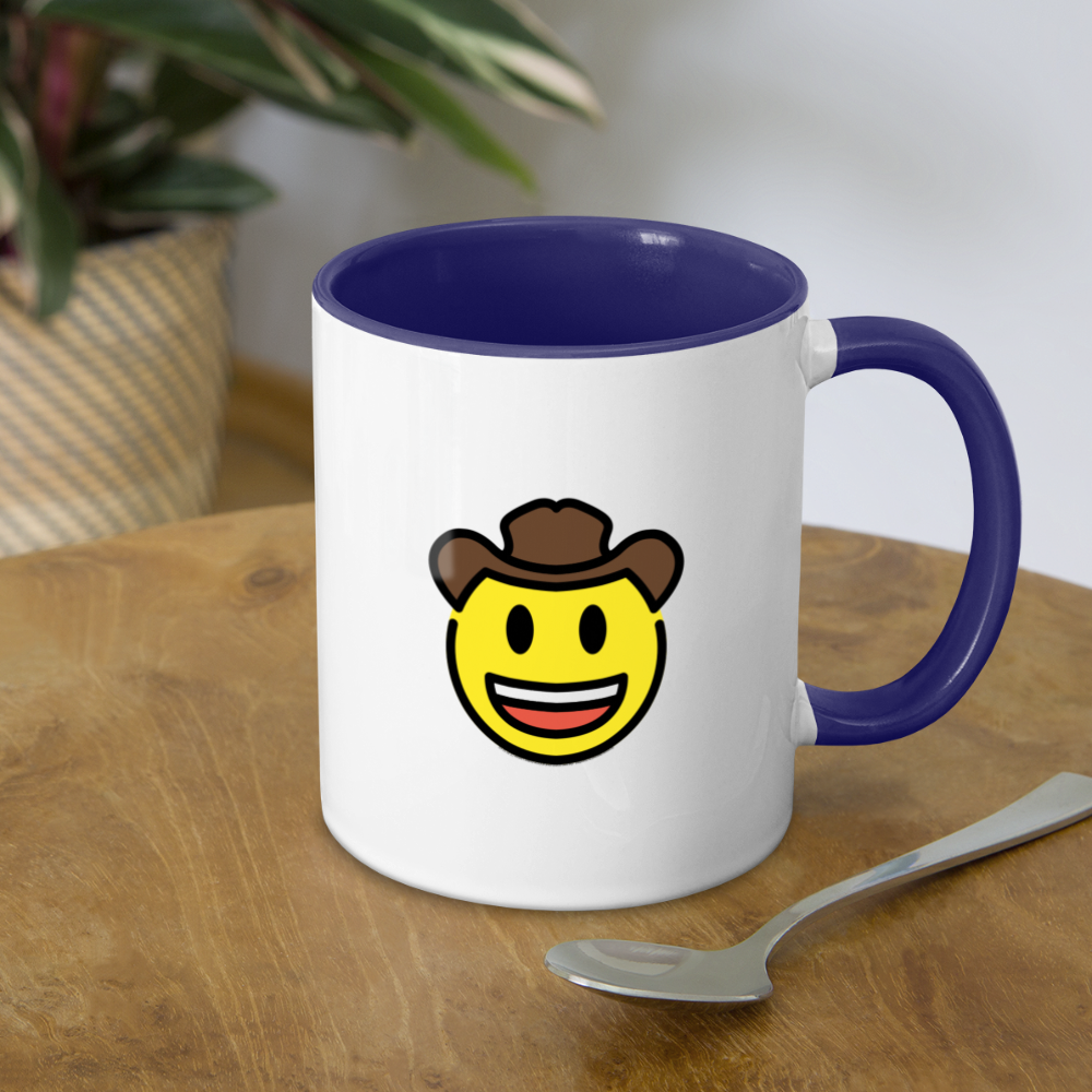 Customizable Cowboy Hat Face Moji (Two-Sided) Contrast Coffee Mug - Emoji.Express - white/cobalt blue