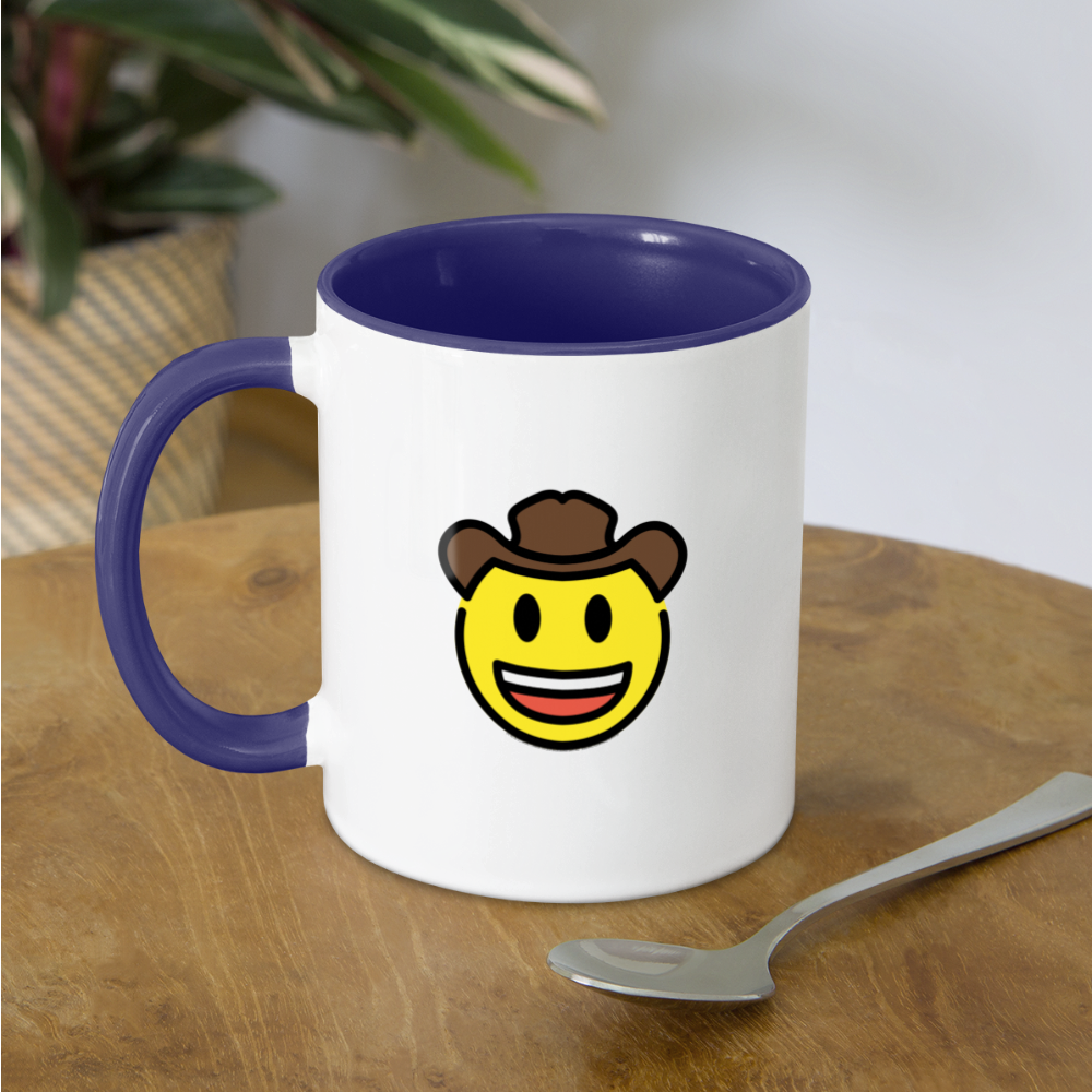 Customizable Cowboy Hat Face Moji (Two-Sided) Contrast Coffee Mug - Emoji.Express - white/cobalt blue