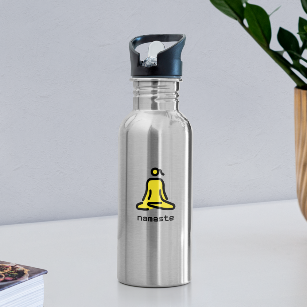 Customizable Woman in Lotus Position Moji + Namaste Text Water Bottle - Emoji.Express - silver