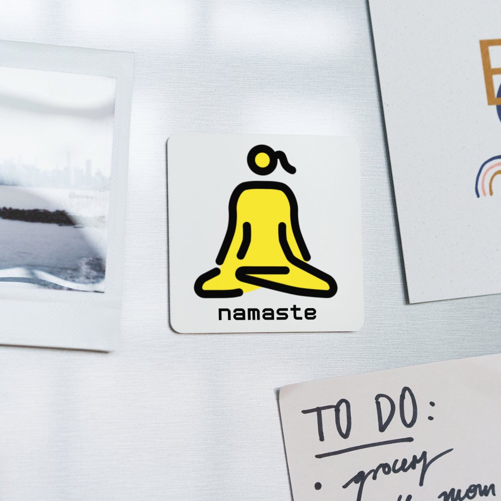 Customizable Woman in Lotus Position Moji + Namaste Text Square Magnet - Emoji.Express - white