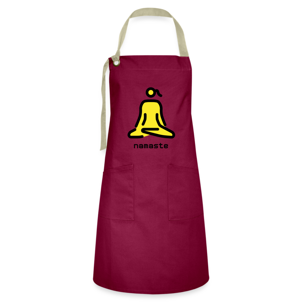 Customizable Woman in Lotus Position Moji + Namaste Text Artisan Apron - Emoji.Express - burgundy/khaki