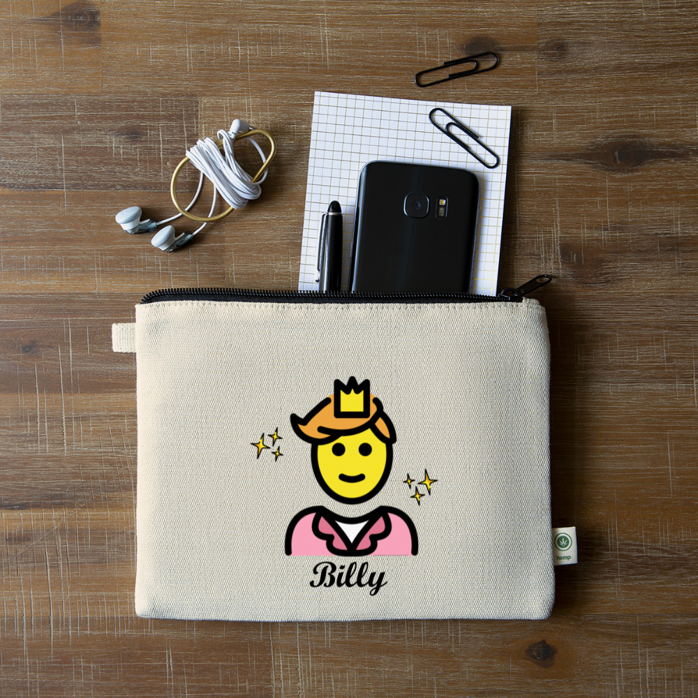 Customizable Man Wearing Crown + Sparkle Moji + Billy Text + MUA Text (Two-Sided Print) Carry All Hemp Pouch - Emoji.Express - natural