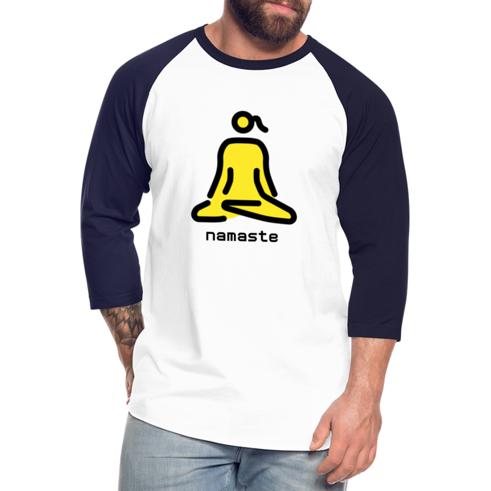 Customizable Woman in Lotus Position Moji + Namaste Text Baseball T-Shirt - Emoji.Express - white/navy