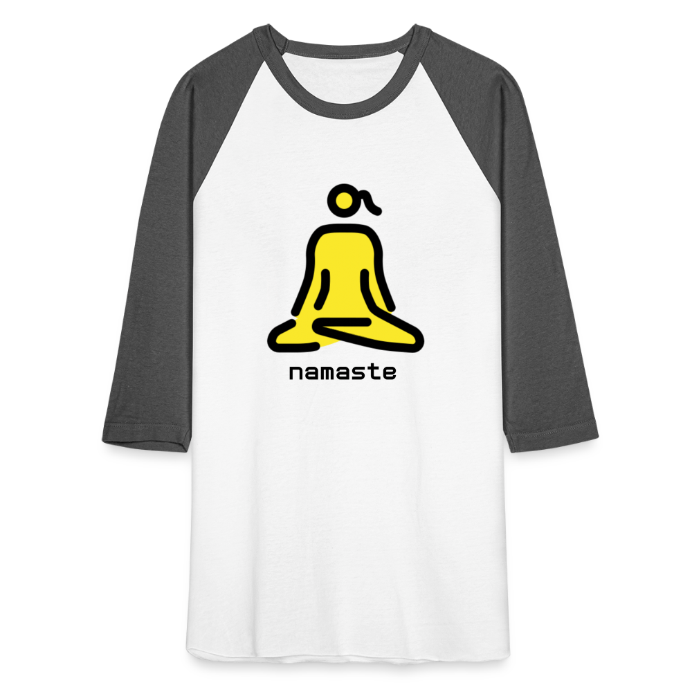 Customizable Woman in Lotus Position Moji + Namaste Text Baseball T-Shirt - Emoji.Express - white/charcoal
