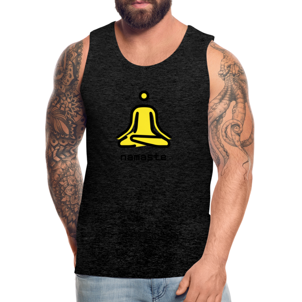 Customizable Person in Lotus Position Moji + Namaste Text Men's Cut Premium Tank - Emoji.Express - charcoal grey