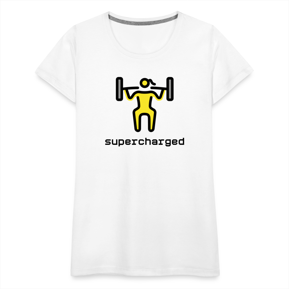 Customizable Woman Lifting Weights Moji + "Supercharged" Text Women's Cut Premium T-Shirt - Emoji.Express - white
