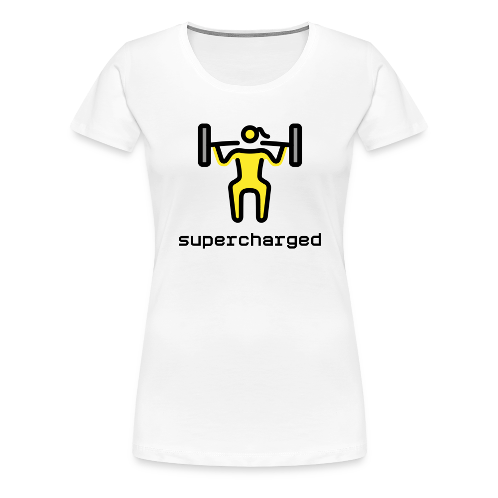 Customizable Woman Lifting Weights Moji + "Supercharged" Text Women's Cut Premium T-Shirt - Emoji.Express - white