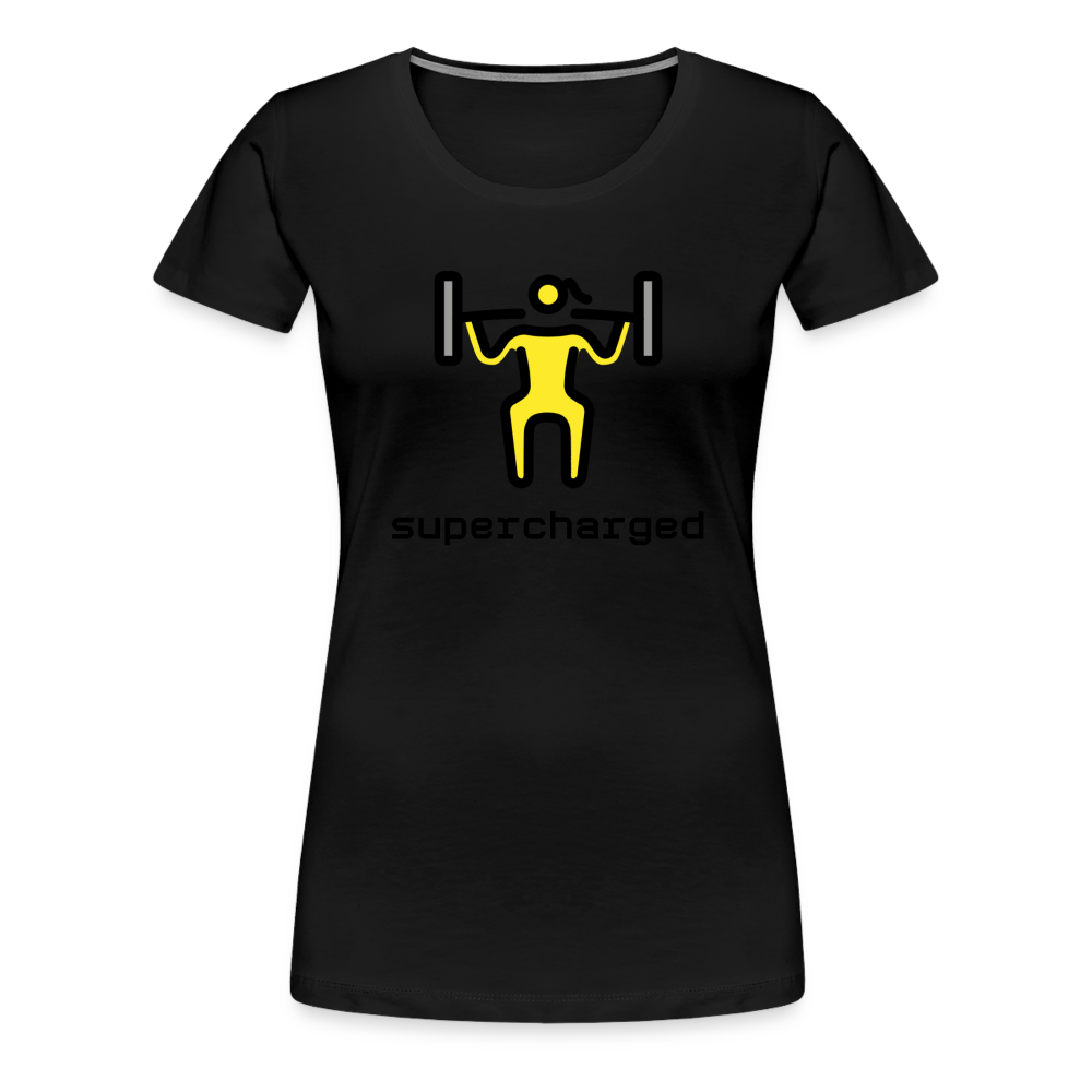 Customizable Woman Lifting Weights Moji + "Supercharged" Text Women's Cut Premium T-Shirt - Emoji.Express - black