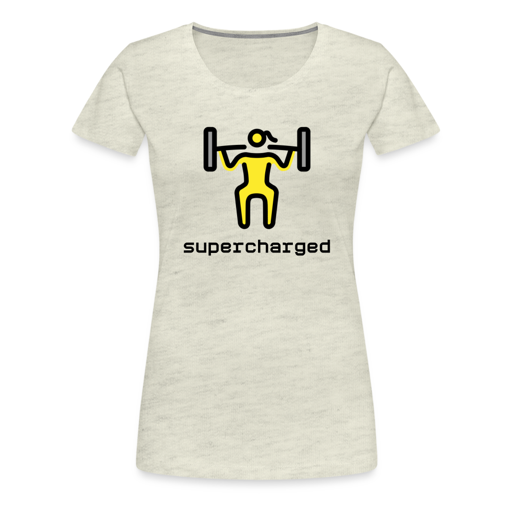 Customizable Woman Lifting Weights Moji + "Supercharged" Text Women's Cut Premium T-Shirt - Emoji.Express - heather oatmeal