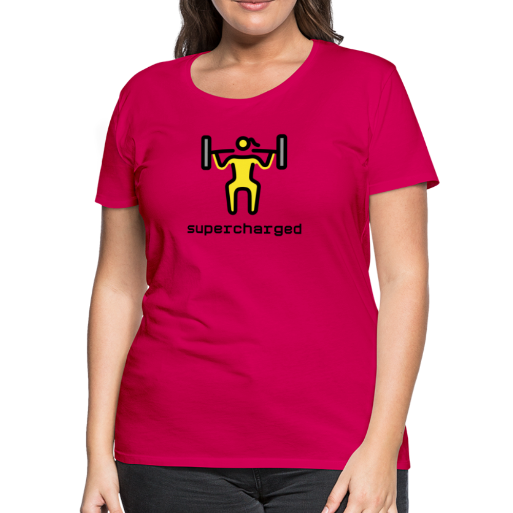 Customizable Woman Lifting Weights Moji + "Supercharged" Text Women's Cut Premium T-Shirt - Emoji.Express - dark pink