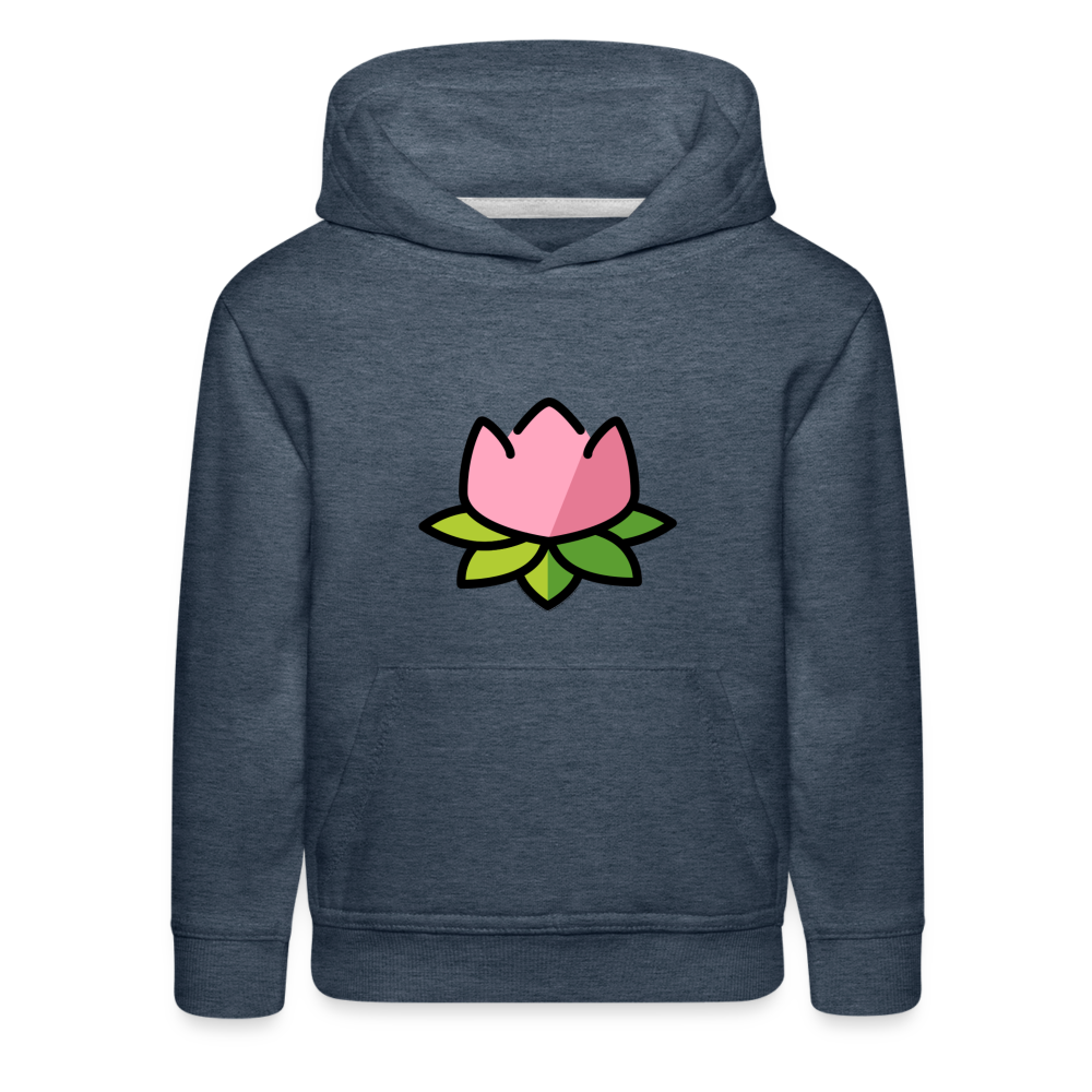 Emoji Expression: Lotus Moji + Sparkles Moji + "The Lotus Effect" Text Kids Premium Hoodie (Two-Sided) - Emoji.Express - heather denim