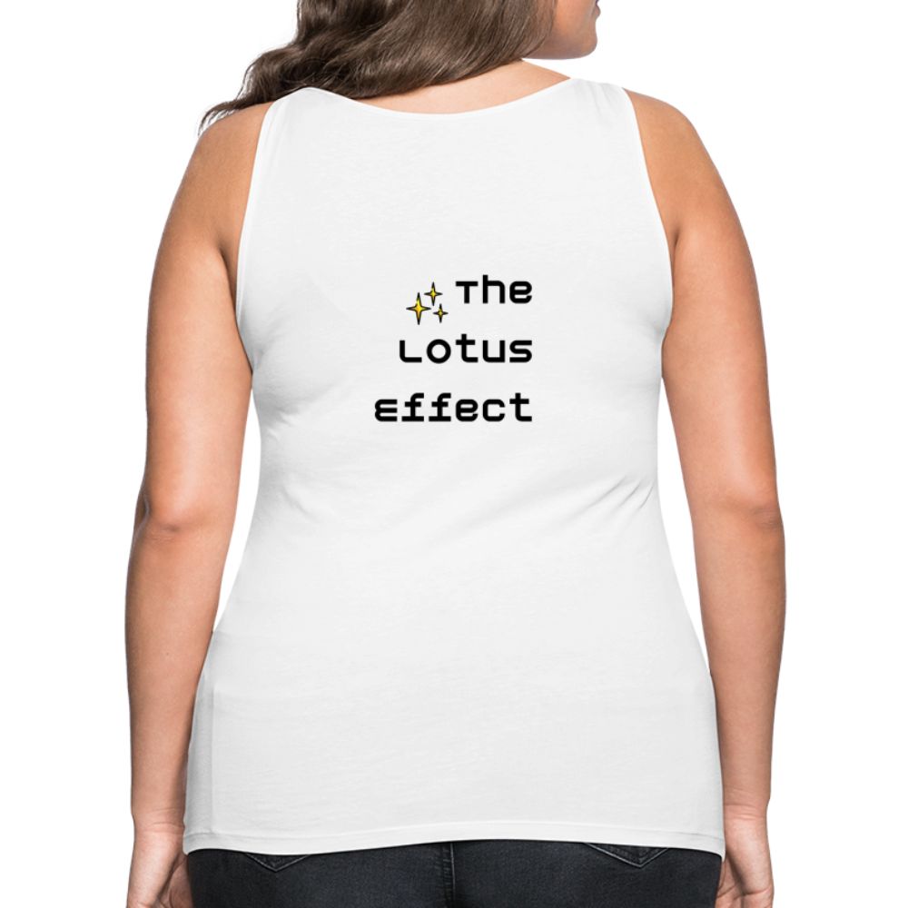 Emoji Expression: Lotus Moji + Sparkles Moji + "The Lotus Effect" Text Women’s Cut Premium Tank Top (Two-Sided) - Emoji.Express - white