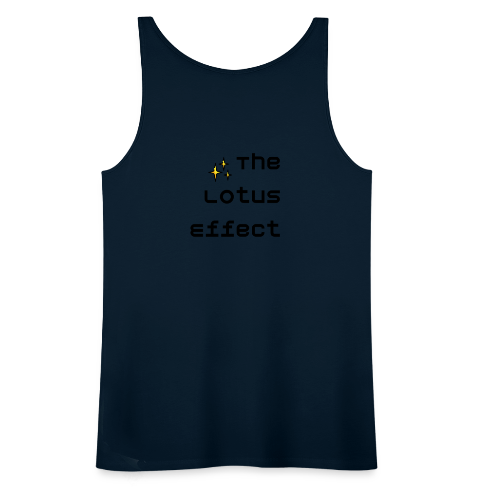 Emoji Expression: Lotus Moji + Sparkles Moji + "The Lotus Effect" Text Women’s Cut Premium Tank Top (Two-Sided) - Emoji.Express - deep navy