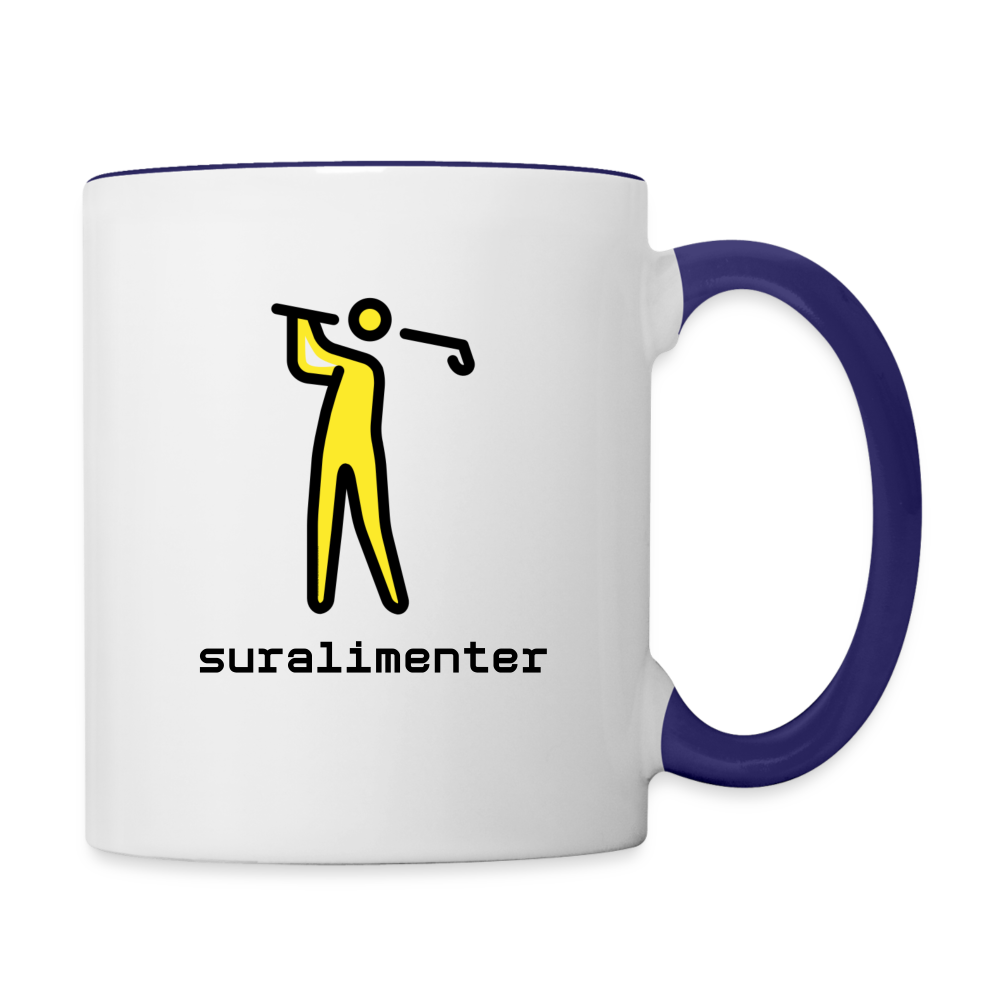 Customizable Person Golfing Moji + Suralimenter Text (Two-Sided) Contrast Coffee Mug - Emoji.Express - white/cobalt blue
