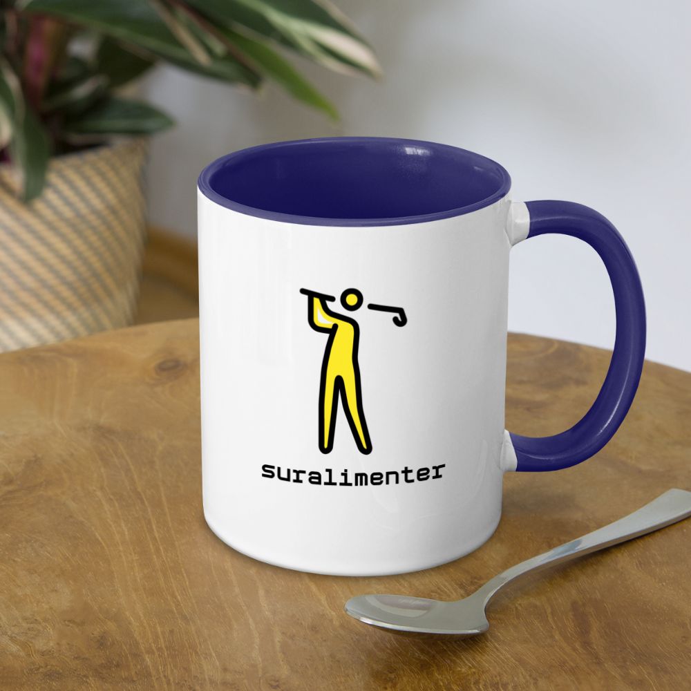 Customizable Person Golfing Moji + Suralimenter Text (Two-Sided) Contrast Coffee Mug - Emoji.Express - white/cobalt blue