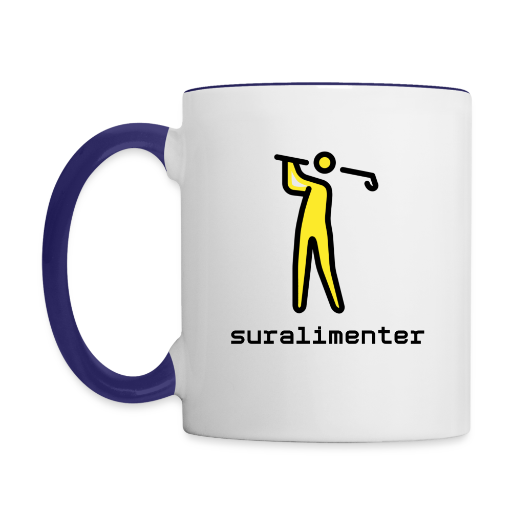 Customizable Person Golfing Moji + Suralimenter Text (Two-Sided) Contrast Coffee Mug - Emoji.Express - white/cobalt blue