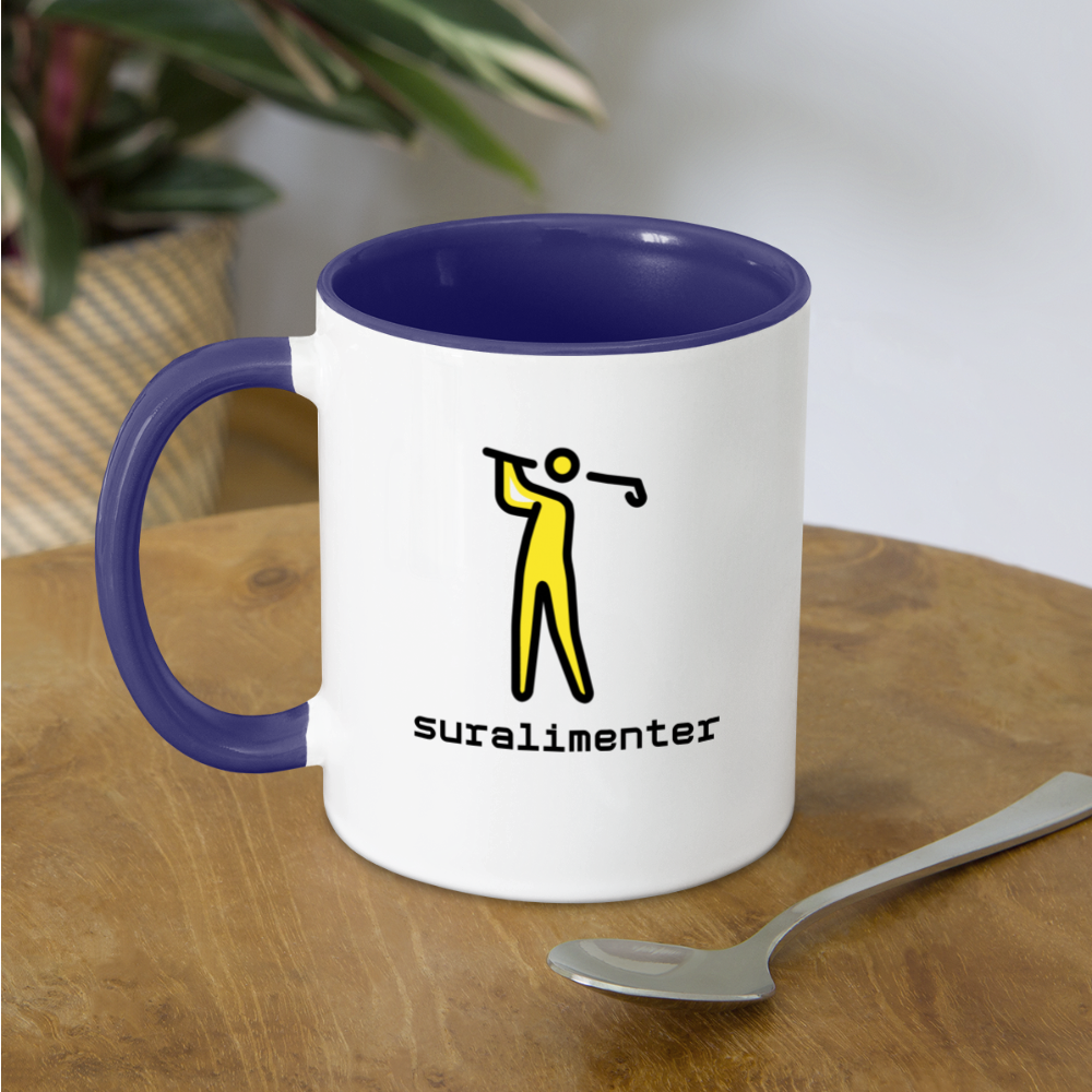 Customizable Person Golfing Moji + Suralimenter Text (Two-Sided) Contrast Coffee Mug - Emoji.Express - white/cobalt blue