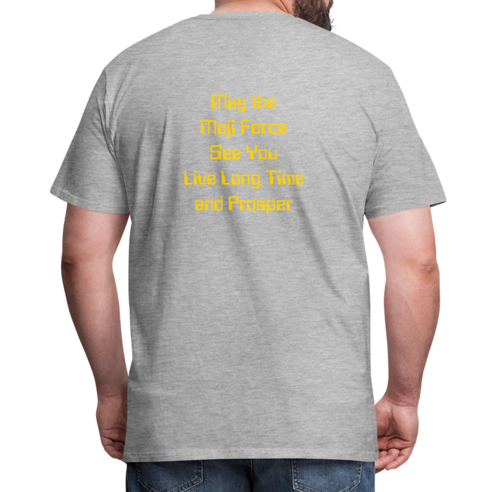 Emoji Expression: Vulcan Salute + May the Moji Force See You Live Long Time and Prosper Text (Double-Sided) Men's Premium T-Shirt - Emoji.Express - heather gray