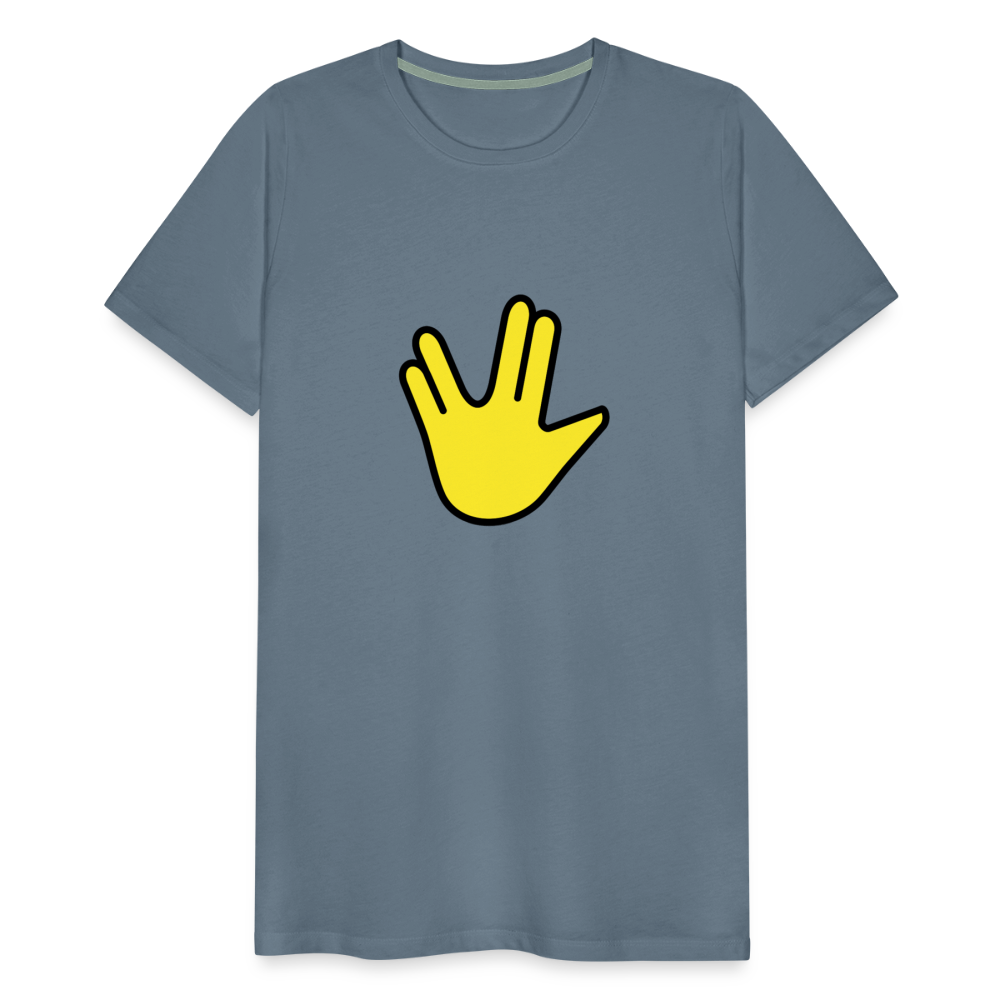 Emoji Expression: Vulcan Salute + May the Moji Force See You Live Long Time and Prosper Text (Double-Sided) Men's Premium T-Shirt - Emoji.Express - steel blue