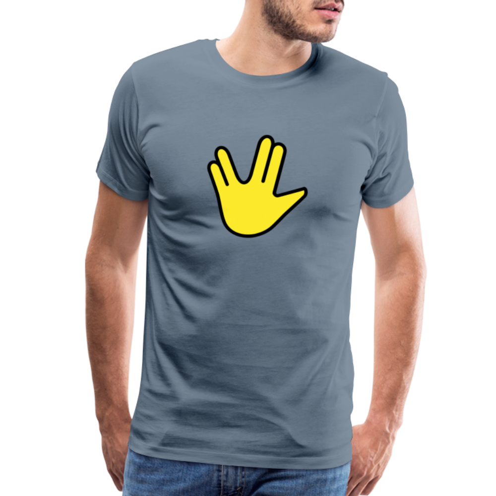 Emoji Expression: Vulcan Salute + May the Moji Force See You Live Long Time and Prosper Text (Double-Sided) Men's Premium T-Shirt - Emoji.Express - steel blue