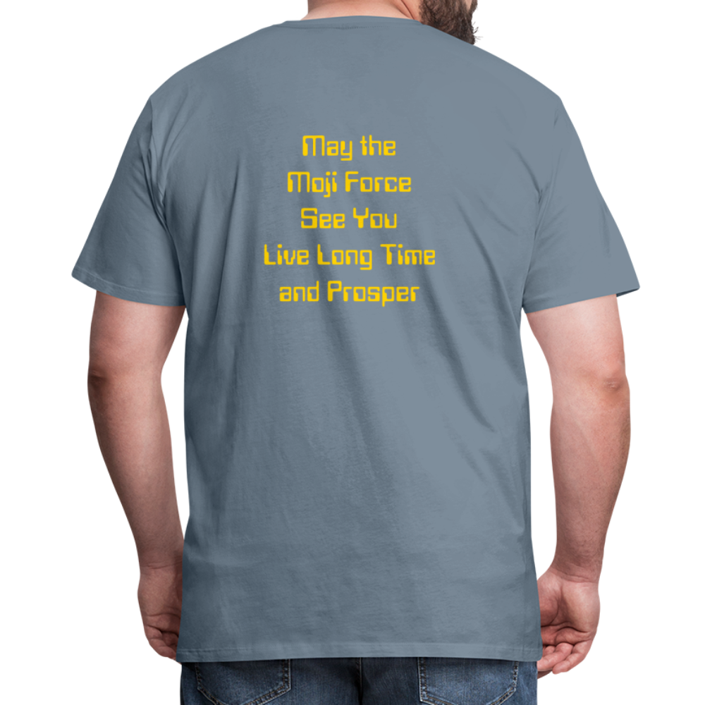 Emoji Expression: Vulcan Salute + May the Moji Force See You Live Long Time and Prosper Text (Double-Sided) Men's Premium T-Shirt - Emoji.Express - steel blue