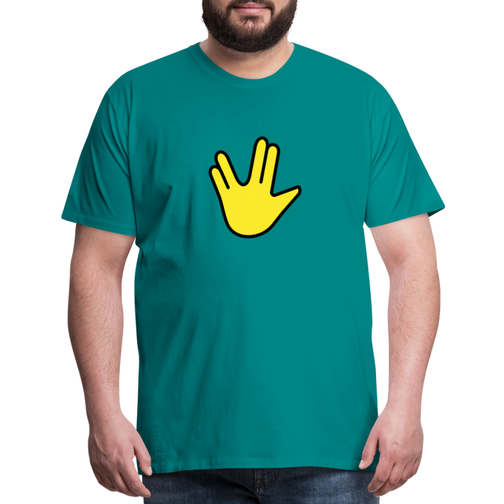 Emoji Expression: Vulcan Salute + May the Moji Force See You Live Long Time and Prosper Text (Double-Sided) Men's Premium T-Shirt - Emoji.Express - teal